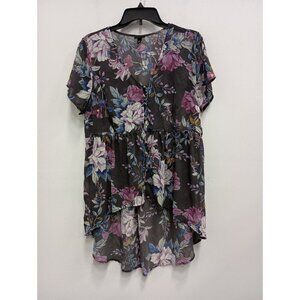 Torrid Womens Tunic Top Size 0X Gray Floral Babydoll Chiffon Button Front BOHO